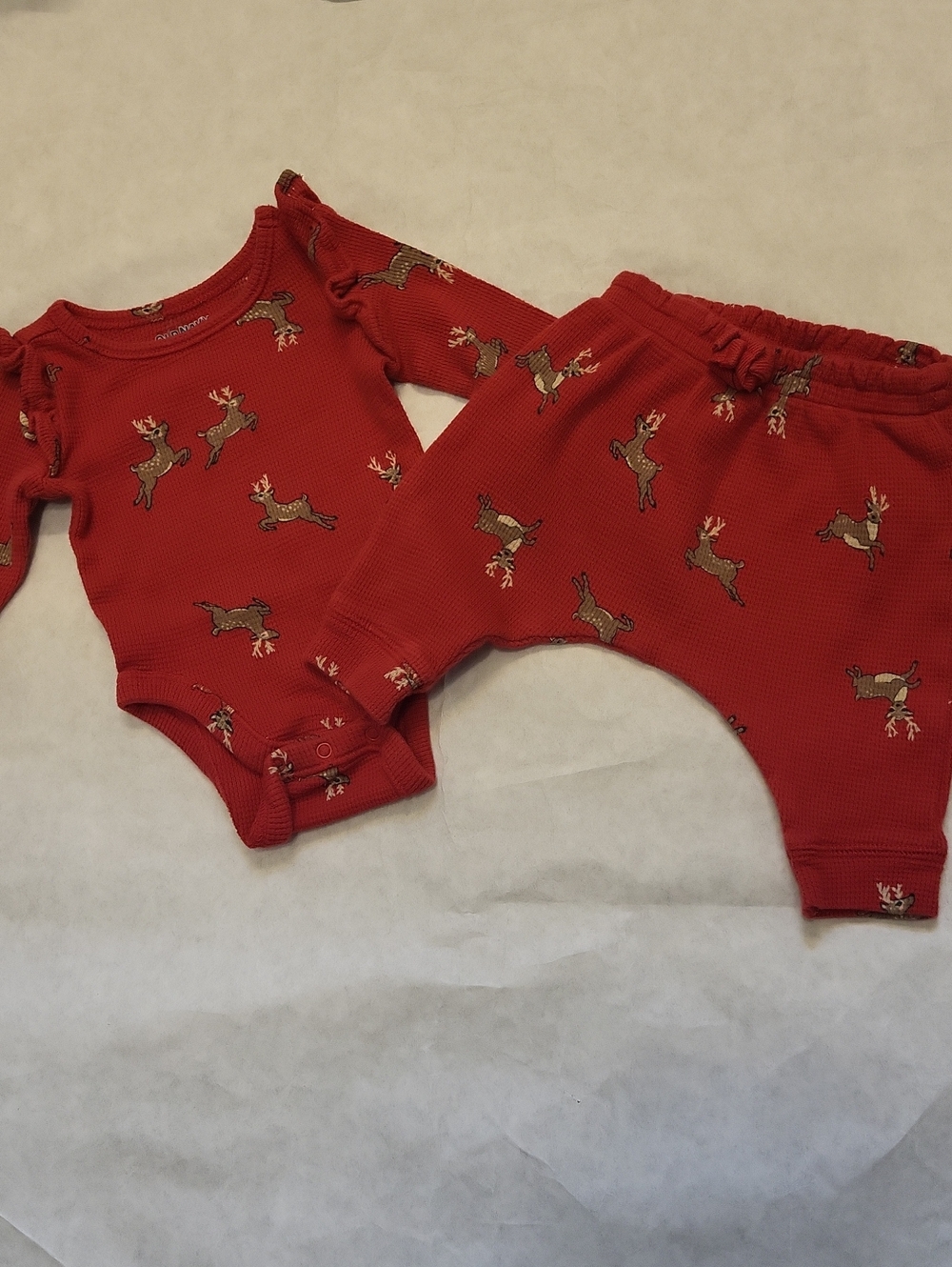 Red reindeer print waffle onesie/bodysuit with matchibg pants